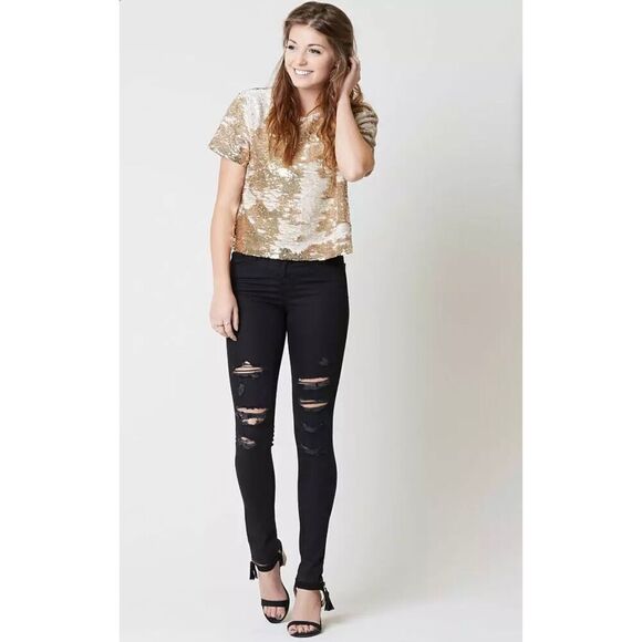 Womens Buckle Ark & Co Gold Metallic Bling Sequin Stunning Holiday Top - Sz S - Picture 1 of 5